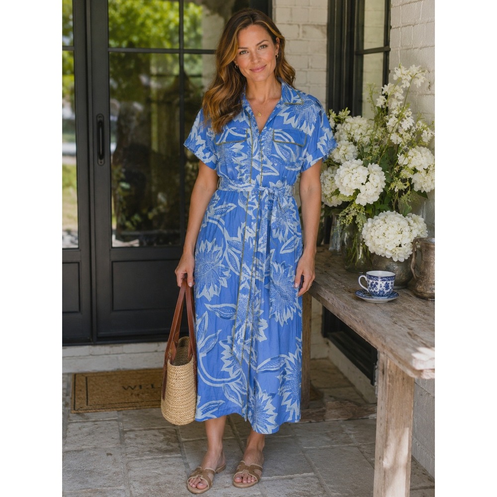 NWT $388 Omika Carla Midi Dress Sz Small Blue Belted Shirtdress Anthropologie